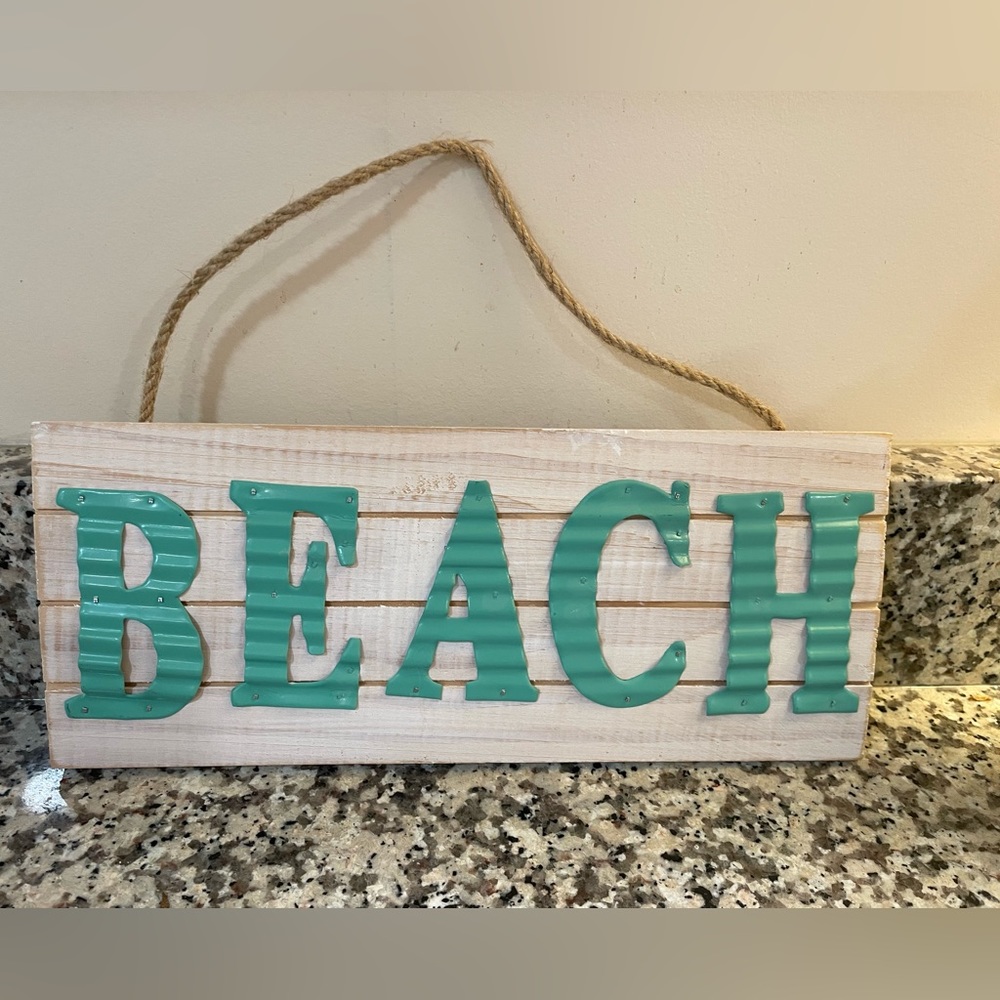 Beach wall hanging sign teal white wood tin NEW nautical ocean shabby chic C
